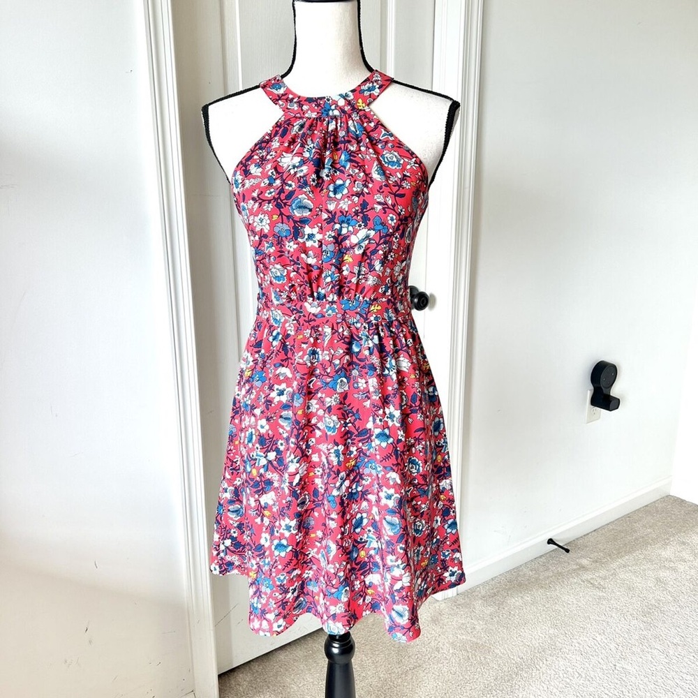 LOFT Red Floral Halter Neck Dress Bow Back Small